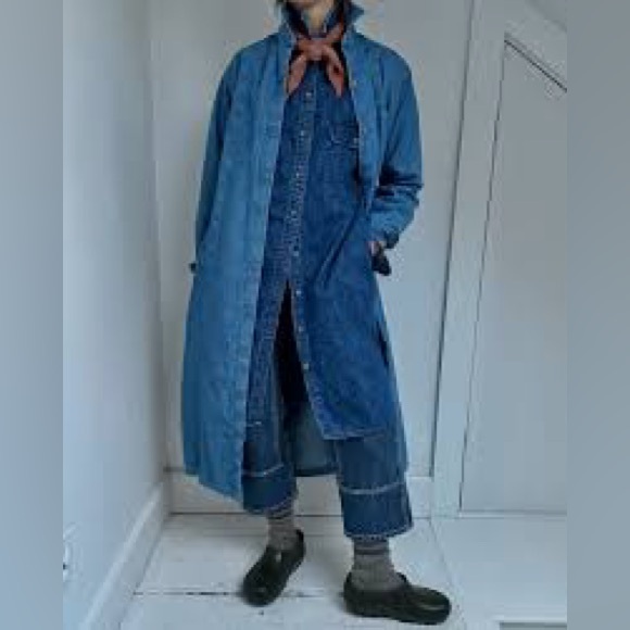 Vintage 80’s Denim Long Duster Blue Pink Plaid Lined Long Coat Sz L Jean Heavy - Picture 10 of 17